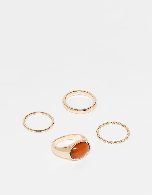 DESIGN pack of 4 mixed rings with faux semi precious stone in gold tone