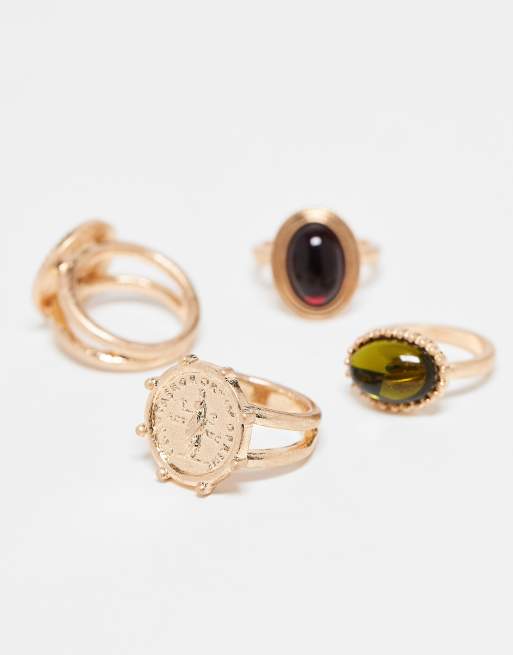 DESIGN Pack Of 4 Rings In Vintage-style With Colour Stone Sets In Gold Tone