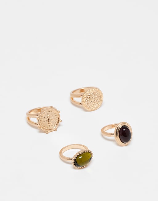 DESIGN pack of 4 rings in vintage-style with colour stone sets in gold tone