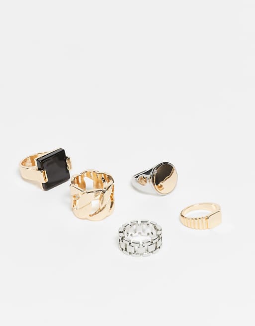 DESIGN pack of 5 chunky vintage-style rings in mixed gold and silver tone