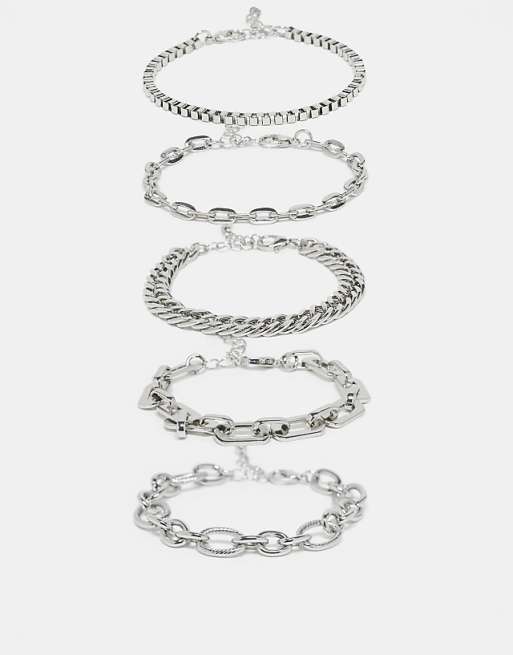 DESIGN pack of 5 mixed fine chain bracelets in silver tone