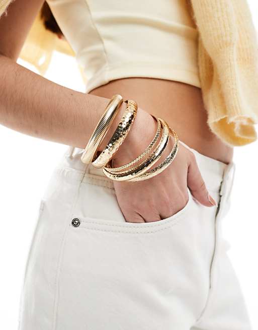 DESIGN pack of 6 bracelets in mixed hammered design in gold tone