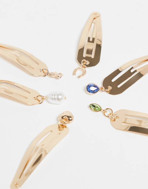 DESIGN Pack Of 6 Hair Clips With Charms Drops In Gold Tone