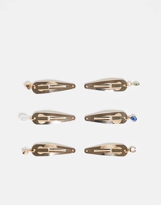 DESIGN pack of 6 hair clips with charms drops in gold tone