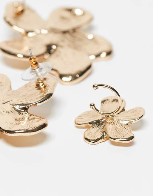 DESIGN Pack Of Floral Earrings With Floral Cuff In Gold Tone