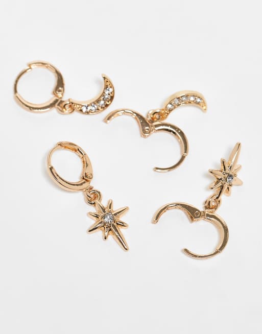 DESIGN Pack Of Two Huggie Hoop Earrings With Celestial Charms In Gold Tone