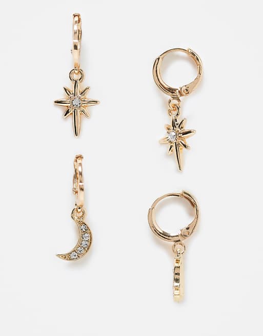 DESIGN pack of two huggie hoop earrings with celestial charms in gold tone