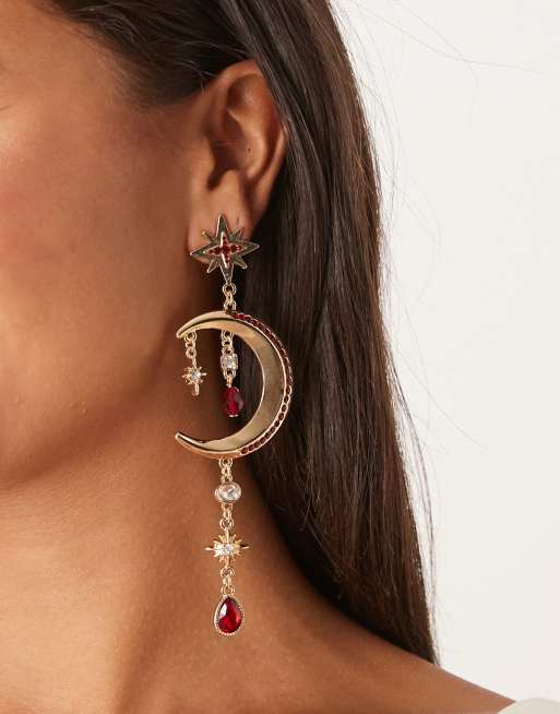 DESIGN Pendant Earrings With Detailed Moon And Stars In Gold Tone