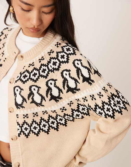 DESIGN Penguin Detail Yoke Cardigan In Beige