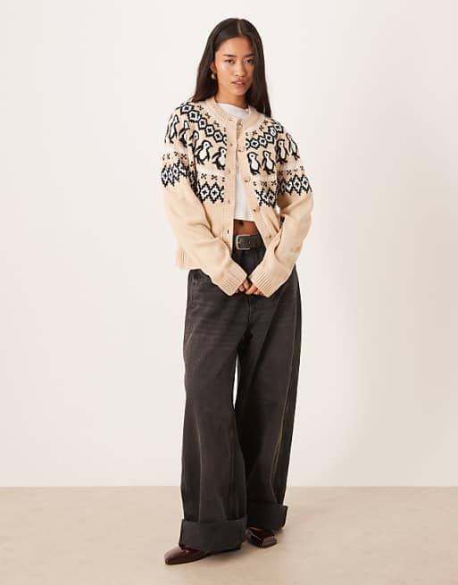 DESIGN Penguin Detail Yoke Cardigan In Beige