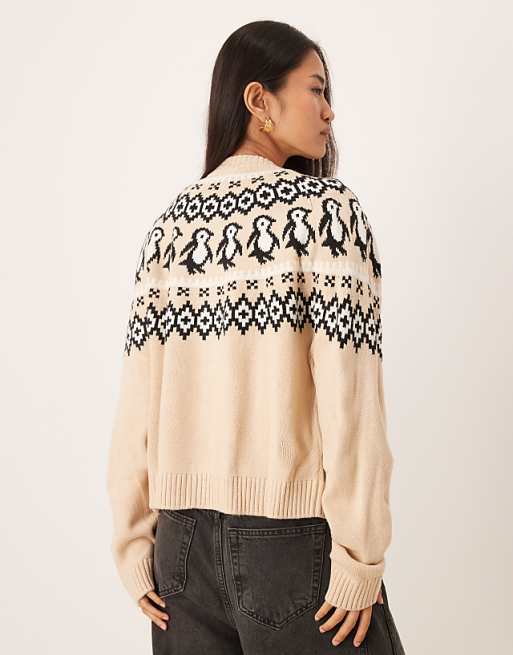 DESIGN Penguin Detail Yoke Cardigan In Beige