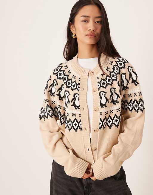 DESIGN penguin detail yoke cardigan in beige