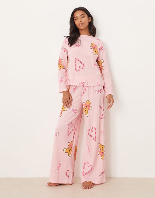 DESIGN Petite Gingerbread & Candy Cane Long Sleeve Top & Trouser Pyjama Set In Pink Marl