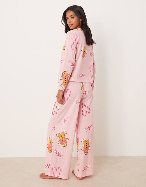 DESIGN Petite Gingerbread & Candy Cane Long Sleeve Top & Trouser Pyjama Set In Pink Marl