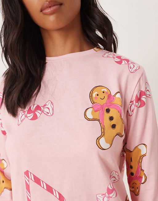 DESIGN Petite Gingerbread & Candy Cane Long Sleeve Top & Trouser Pyjama Set In Pink Marl