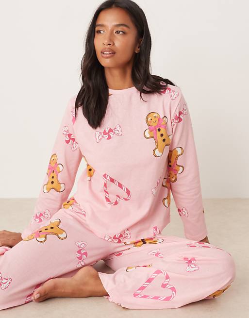 DESIGN Petite gingerbread & candy cane long sleeve top & trouser pyjama set in pink marl