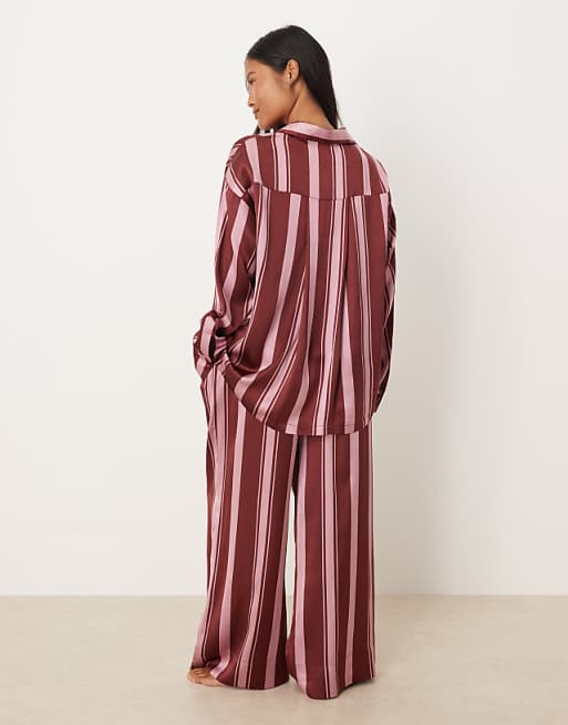 DESIGN Petite Oversized Satin Stripe Shirt And Trouser Pyjama Set In Burgundy Stripe