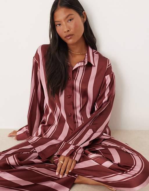 DESIGN Petite Oversized Satin Stripe Shirt And Trouser Pyjama Set In Burgundy Stripe