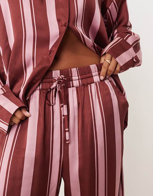 DESIGN Petite Oversized Satin Stripe Shirt And Trouser Pyjama Set In Burgundy Stripe