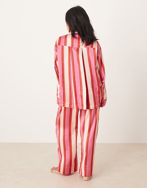 DESIGN Petite Oversized Satin Stripe Shirt And Trouser Pyjama Set In Red & Pink Stripe