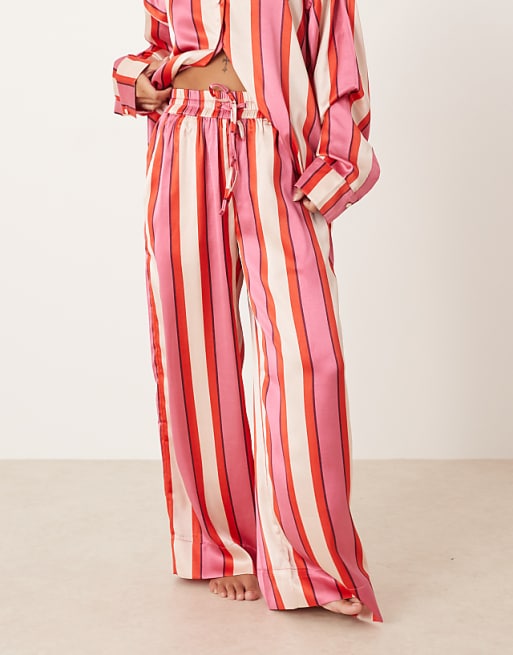 DESIGN Petite Oversized Satin Stripe Shirt And Trouser Pyjama Set In Red & Pink Stripe