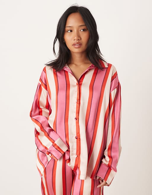 DESIGN Petite Oversized Satin Stripe Shirt And Trouser Pyjama Set In Red & Pink Stripe