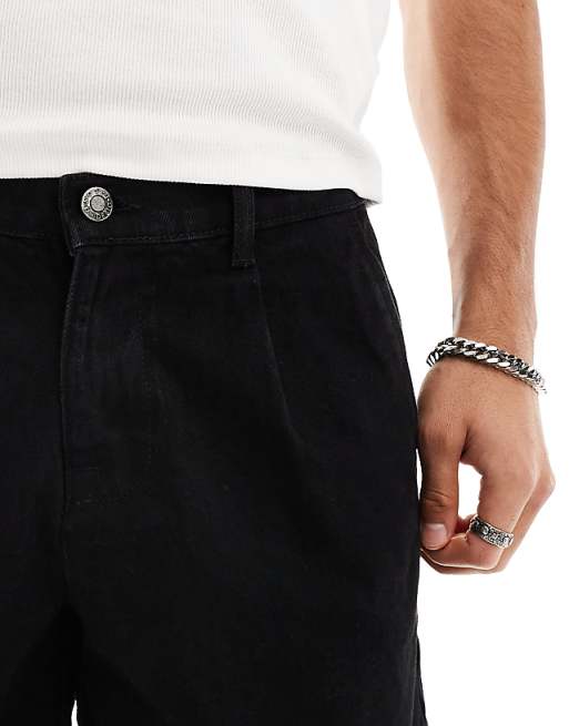 DESIGN Pleated Mid Length Denim Shorts In Black