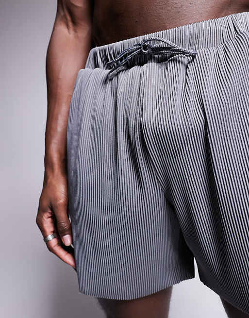DESIGN Plisse Swim Shorts In Mid Length In Grey