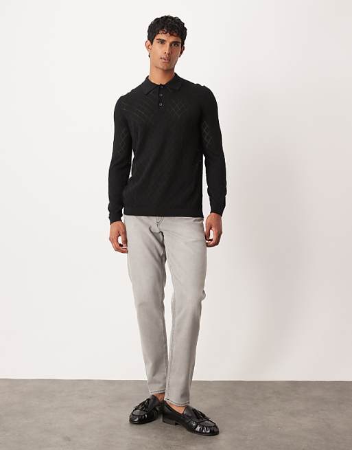 DESIGN Pointelle Knitted Pattern Polo In Black
