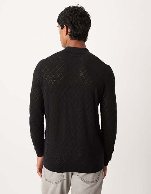 DESIGN Pointelle Knitted Pattern Polo In Black