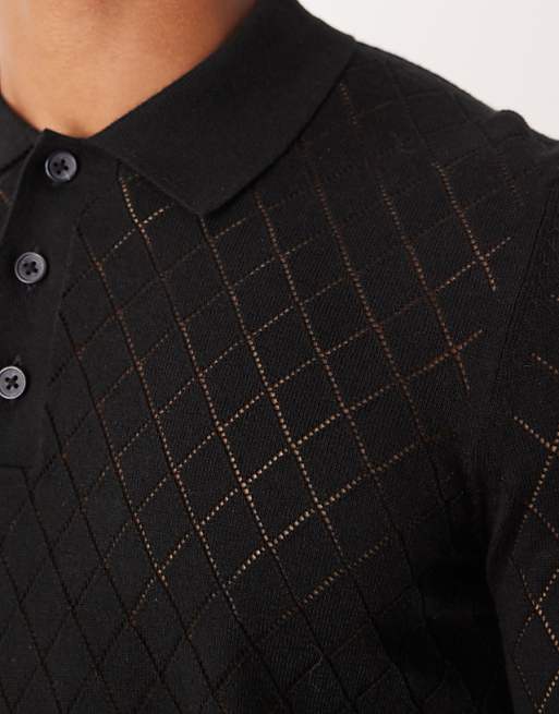 DESIGN Pointelle Knitted Pattern Polo In Black