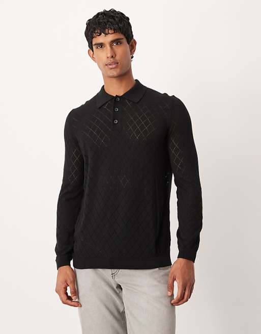 DESIGN pointelle knitted pattern polo in black