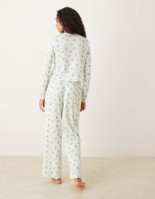 DESIGN Pointelle Long Sleeve Pyjama Set In Mistletoe Print