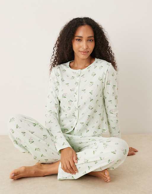 DESIGN Pointelle Long Sleeve Pyjama Set In Mistletoe Print
