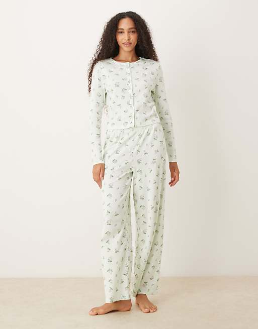 DESIGN pointelle long sleeve pyjama set in mistletoe print