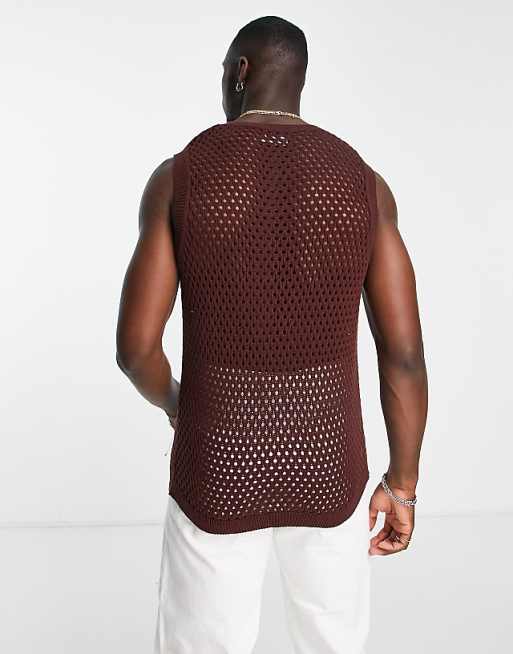 DESIGN Pointelle V-neck Tank In Brown
