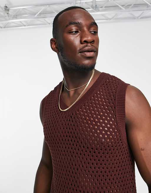 DESIGN Pointelle V-neck Tank In Brown