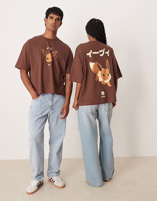 DESIGN Pokemon Unisex Boxy Oversized T-shirt With Eevee Print In Brown