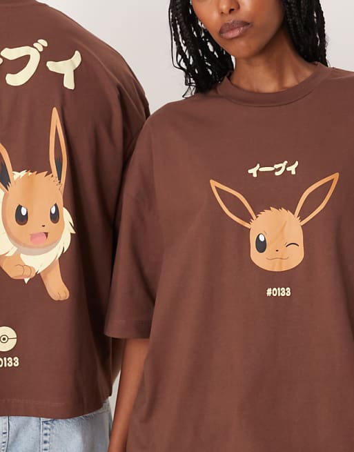 DESIGN Pokemon Unisex Boxy Oversized T-shirt With Eevee Print In Brown