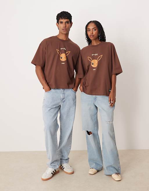 DESIGN Pokemon Unisex Boxy Oversized T-shirt With Eevee Print In Brown