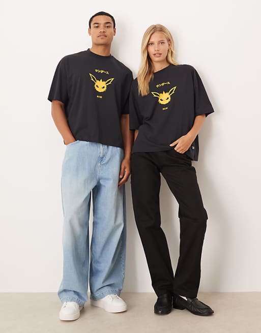 DESIGN Pokemon Unisex Boxy Oversized T-shirt With Jolteon Print In Washed Black