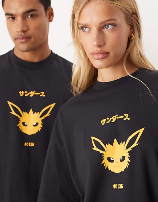 DESIGN Pokemon Unisex Boxy Oversized T-shirt With Jolteon Print In Washed Black