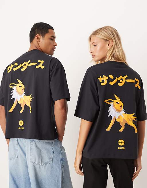 DESIGN Pokemon Unisex Boxy Oversized T-shirt With Jolteon Print In Washed Black