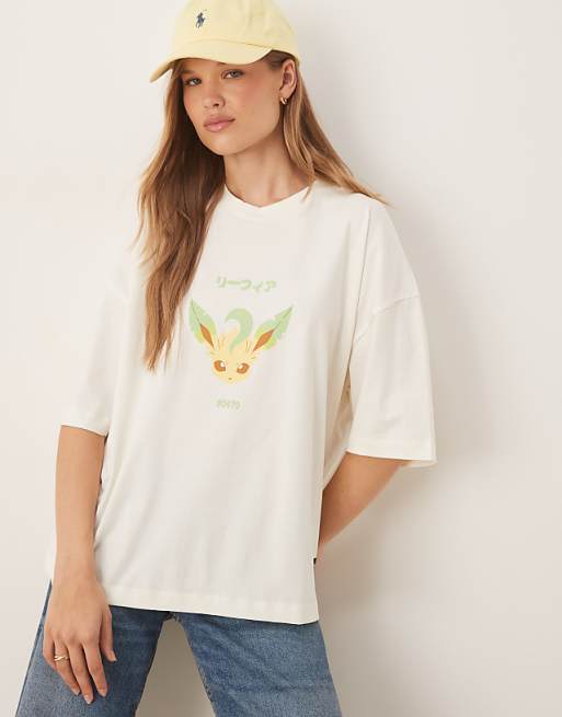 DESIGN Pokemon Unisex Oversized T-shirt With Leafeon Prints In Stone