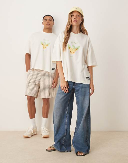 DESIGN Pokemon unisex oversized t-shirt with Leafeon prints in stone
