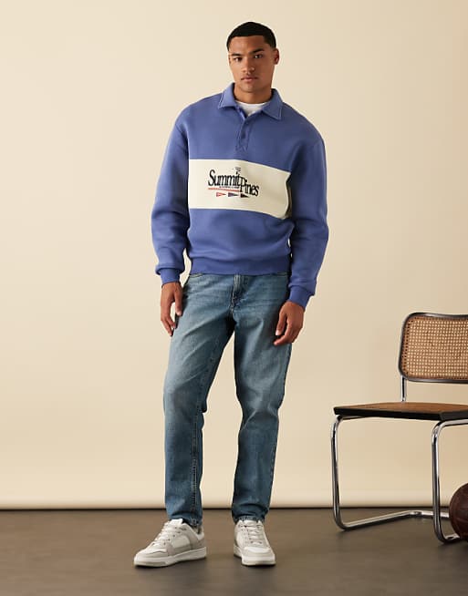 DESIGN Polo Sweatshirt With Contrast Panel And Print In Blue