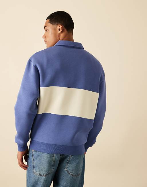 DESIGN Polo Sweatshirt With Contrast Panel And Print In Blue