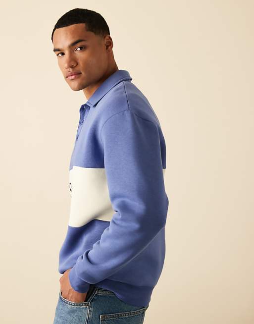 DESIGN Polo Sweatshirt With Contrast Panel And Print In Blue