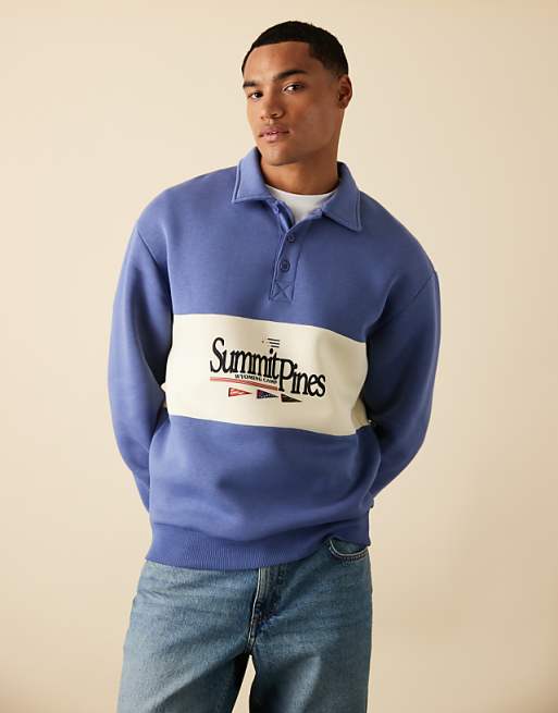 DESIGN polo sweatshirt with contrast panel and print in blue