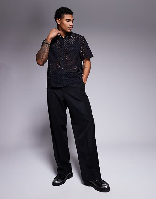DESIGN Premium Boxy Oversized Broderie Shirt In Black